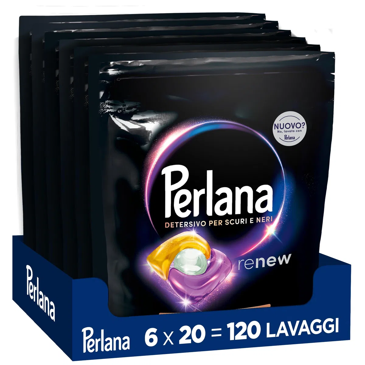 Perlana Detersivo Caps per Scuri e Neri (6 confezioni da 20 Caps), Detersivo lavatrice in capsule per tutti i capi scuri, Detersivo capi neri per pulizia delicata e fibre rinnovate