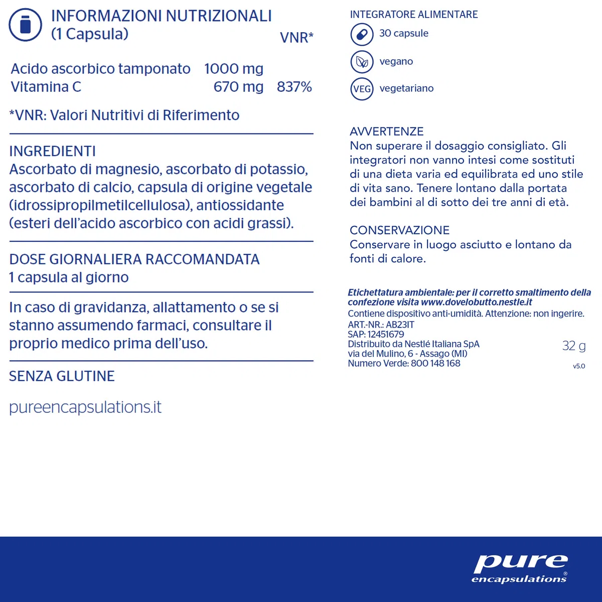 Pure Encapsulations - Vitamina C 1000 pH Tamponato – Integratore Vitamina C 1000 mg Difese Immunitarie, Energia, Collagene – 30 Capsule Vegane