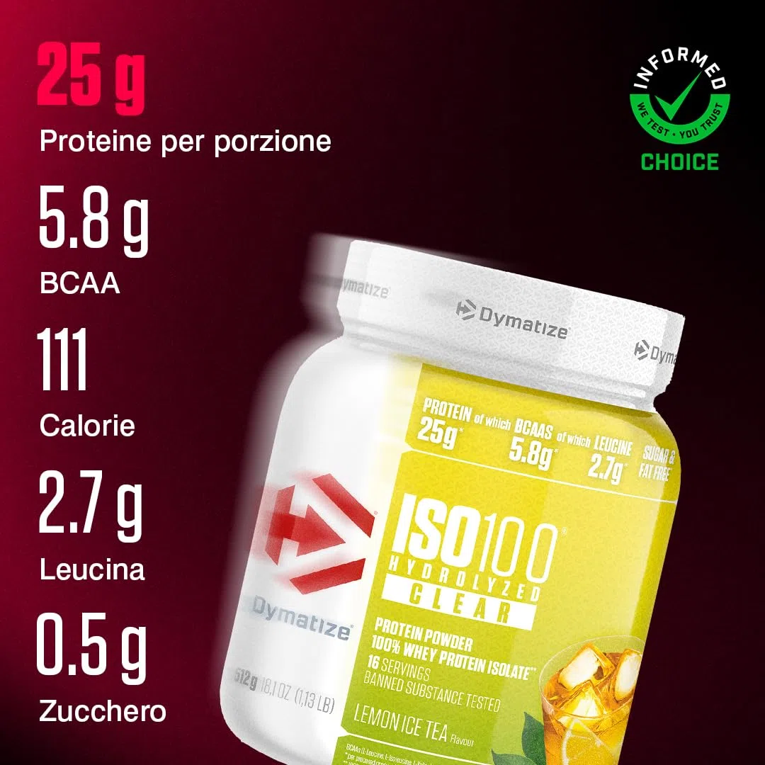 Dymatize ISO 100 Hydrolized Clear Lemon Ice Tea 512g Proteine ​​del siero di latte chiare in polvere idrolizzate e isolate