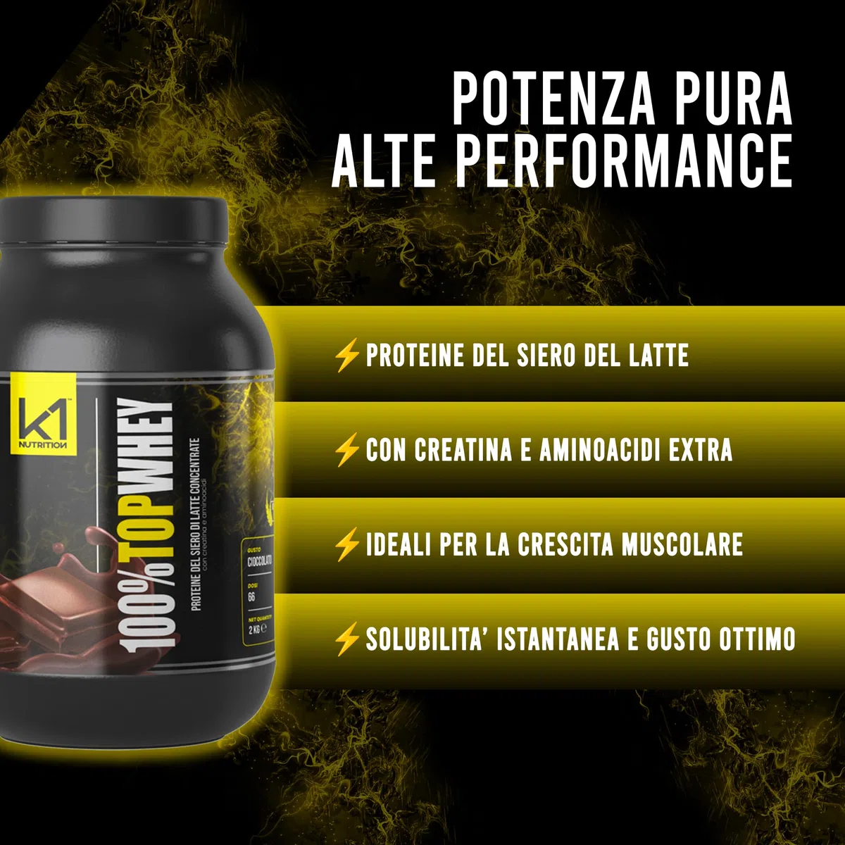 100% Top Whey 2Kg - Proteine in Polvere con Creatina - Whey Protein - Proteine del Siero del Latte con Creatina, Taurina e Aminoacidi - Gusto Cioccolato