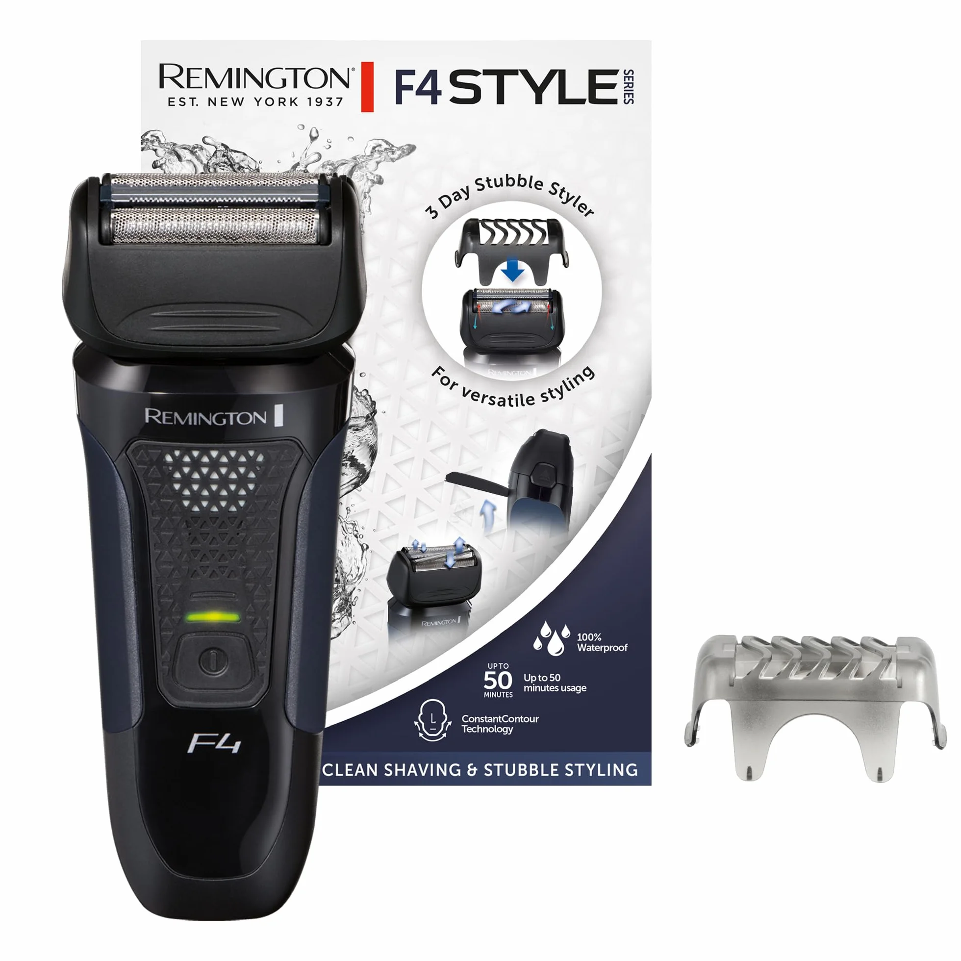 Remington Rasoio elettrico Barba F4 - Utilizzo su asciutto e bagnato - Accessorio styler per barba, Cappuccio protettivo, 100% impermeabile, Rasoio a lamina Style Series F4002