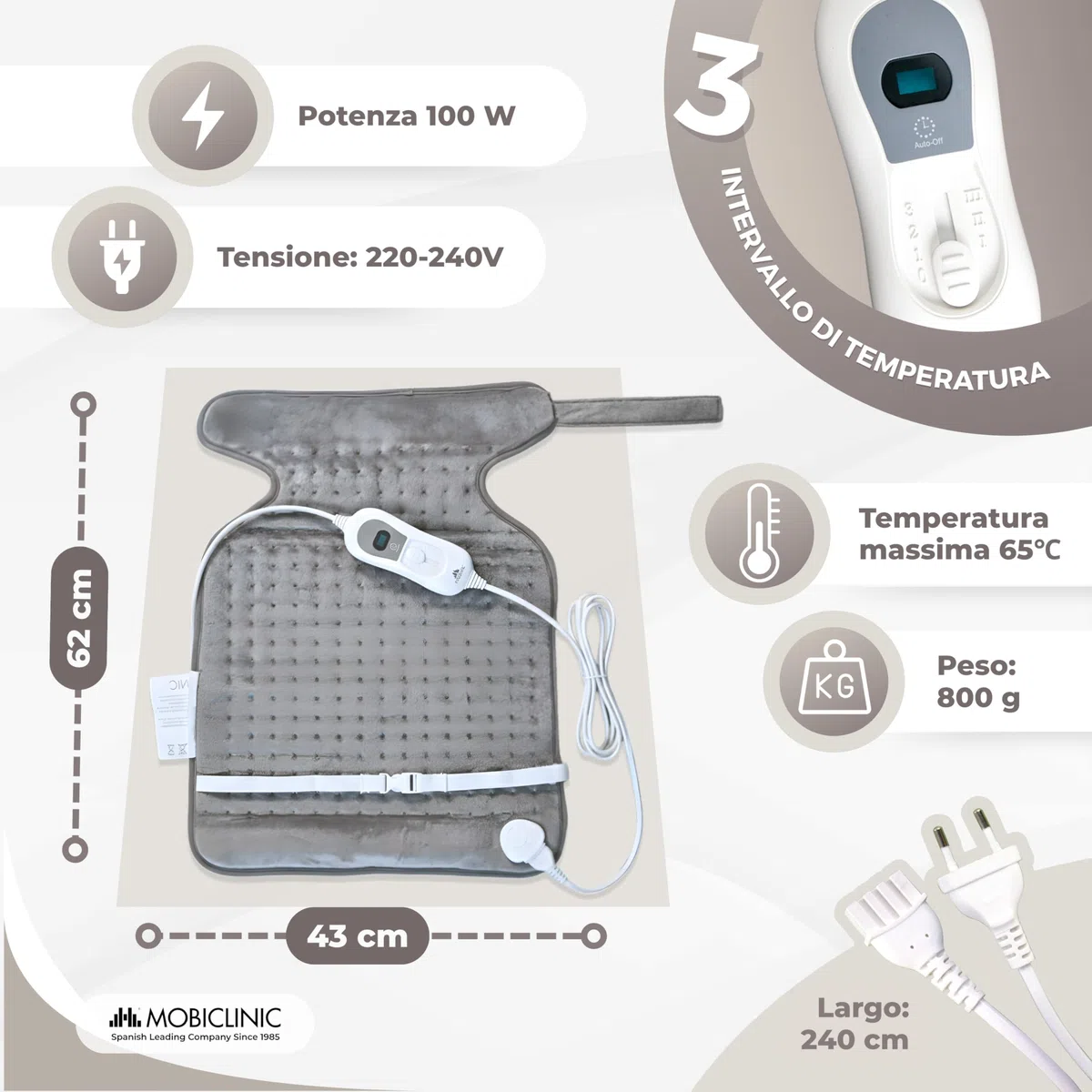 Mobiclinic®, Termoforo elettrico, Cuscino termico per collo e spalle, Basso consumo, 3 livelli di calore, Spegnimento automatico, Zona lombare cervicale, Lavabile, 62x43