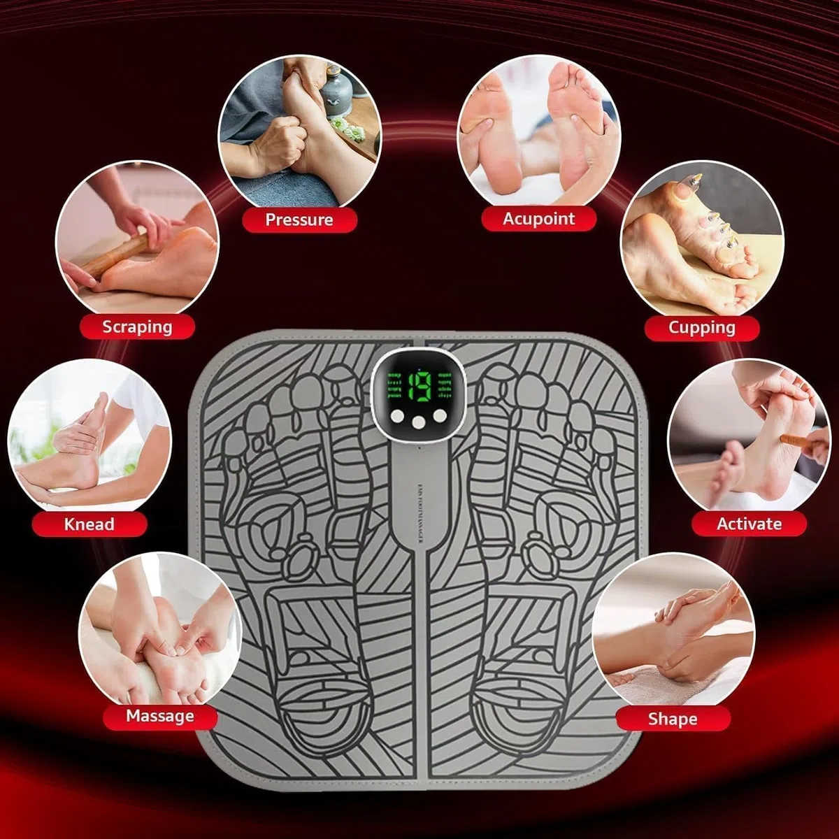 EMS Massaggiatore Piedi, Bloconix Massaggiatore Piedi Elettrico 8 Modalità e 19 Livelli, Massaggiatore Portatile USB per la Circolazione Sanguigna e il Sollievo dal Dolore Muscolare (Grigio)