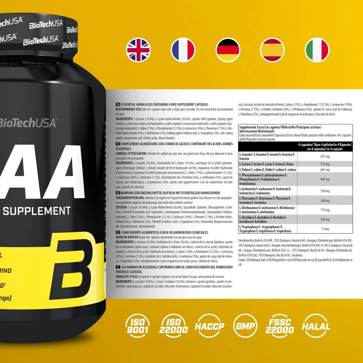 Capsule EAA BioTechUSA | 3200 mg di aminoacidi essenziali, tutti i 9 essenziali | Rapporto raccomandato dall'OMS | 200 capsule