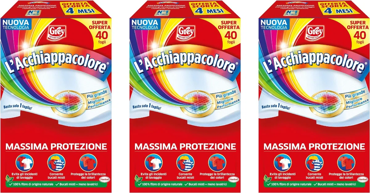 Grey L'Acchiappacolore Fogli Cattura Colore Lavatrice Evita Incidenti Lavaggio, 3 Confezioni da 40 Pezzi