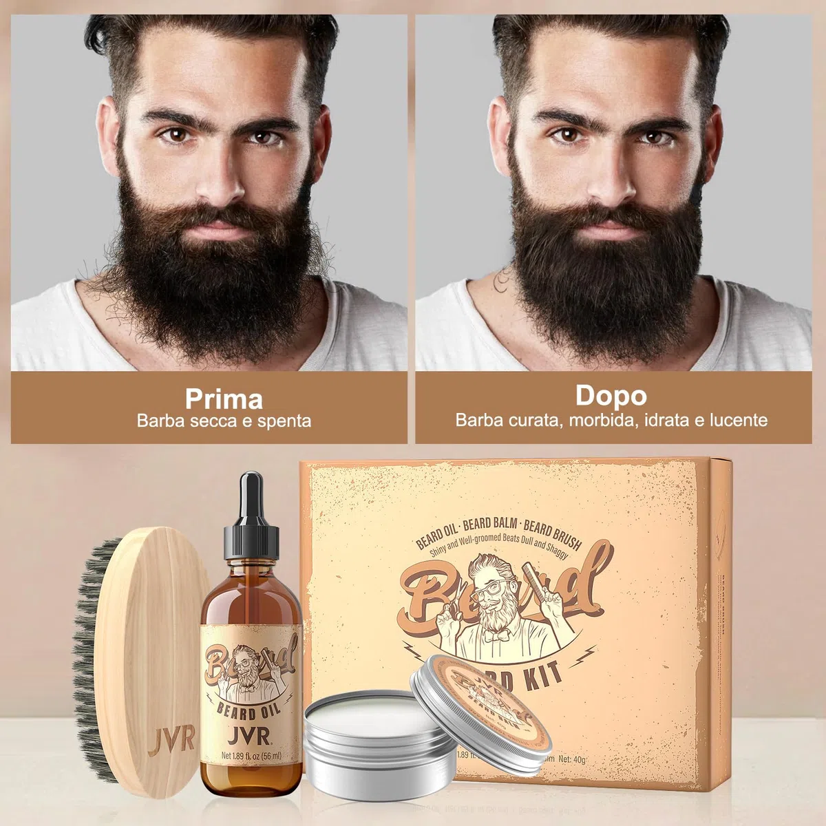 Kit Barba per Uomo, JVR Set Cura Barba, Regalo Cura della Barba Professioni con Olio, Balsamo e Spazzola, Leviga la barba, idrata e aggiunge lucentezza e styling (Giallo)