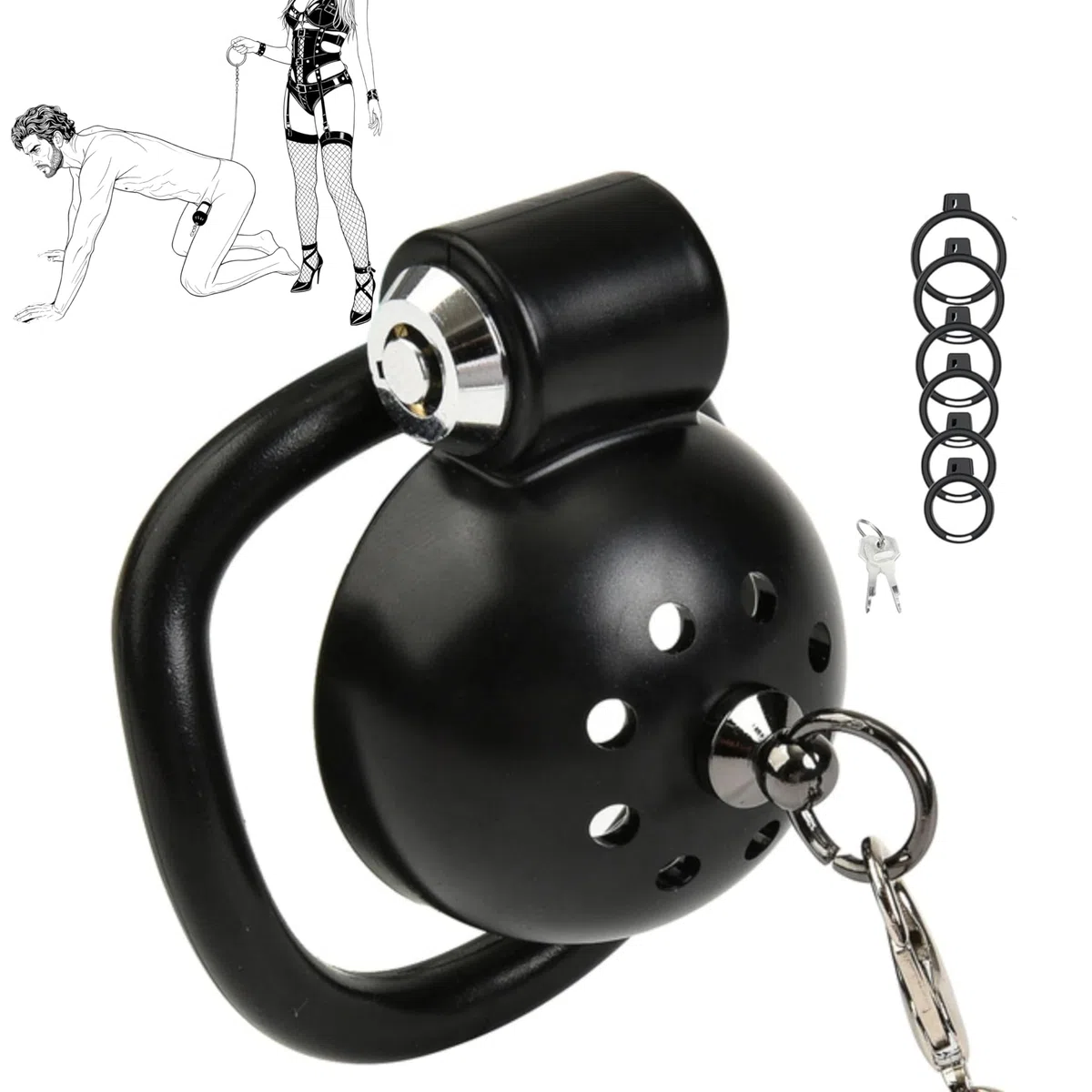 Fops Gabbia di Castità Piatta per Uomo in ABS – Small Chastity Cage con Chiusura Laterale, 5 Anelli (38-52mm) e Guinzaglio da 110cm per Bondage BDSM, Stretching Estremo e Controllo Totale N55