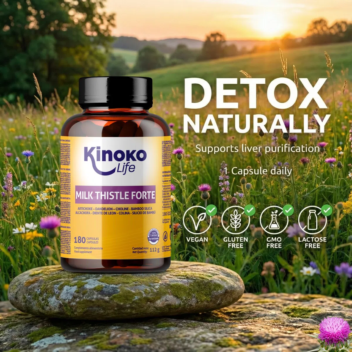 Cardo Mariano Tarassaco e Carciofo Detox Forte 180 Capsule con Colina e Silimarina 80% Estratto 25:1 Kinoko Life