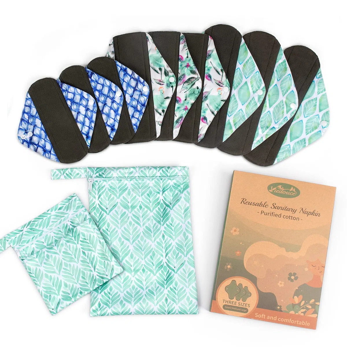 Viedouce Assorbenti Lavabili,Salvaslip Riutilizzabili Lavabile Cotone,set di 9 Asciugamani Igienici Riutilizzabili con 2 Sacchetti DiImmagazzinaggio SLF