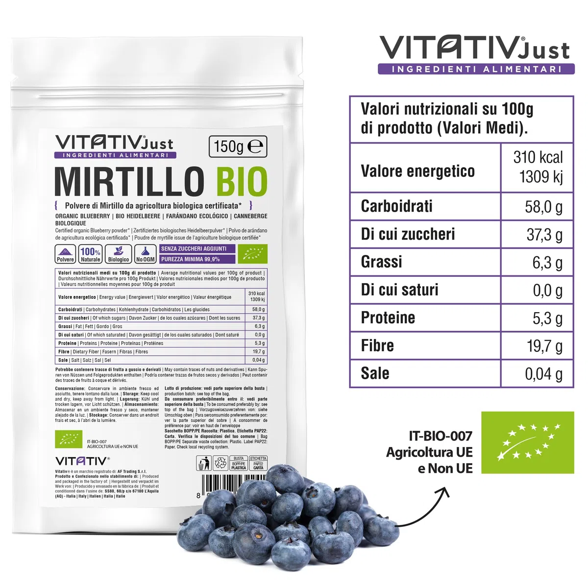 Polvere di Mirtillo Bio, Senza Zuccheri Aggiunti, da Agricoltura Biologica Certificata