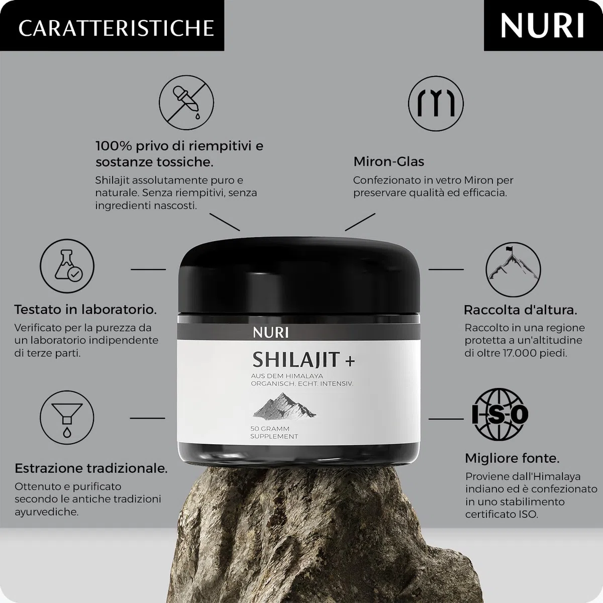 NUOVO su Amazon.it | NURI - Puro Resina di Shilajit dell'Himalaya Biologico Integratore Alimentare | 50 Grammi | Autentico e Naturale | Contiene Acido Fulvico e Oligoelementi