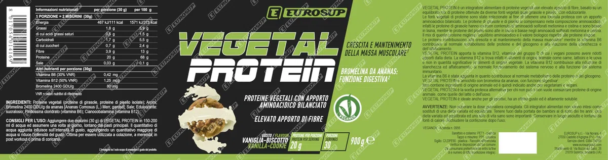 EUROSUP VEGETAL PROTEIN – Proteine Vegetali Pisello e Girasole | Con Bromelina, Fibre, Vitamine B6 e B12 | Supporto Massa Muscolare | Ottima Solubilità e Gusto | VeganOK | 900g - Vaniglia-Biscotto