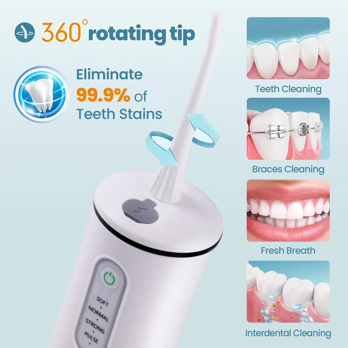 Idropulsore per la pulizia dei denti, irrigatore orale senza fili, pulitore dentale elettrico con 4 modalità e 8 ugelli spray, impermeabile IPX7, portatile e ricaricabile per casa e viaggi, bianco