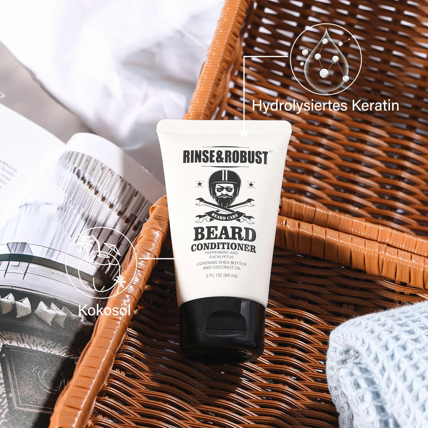 Rinse&Robusto, set per la cura della barba da 8 pezzi, con borsa da viaggio, profumo di eucalipto, spazzola da barba, forbici da barba, shampoo da barba