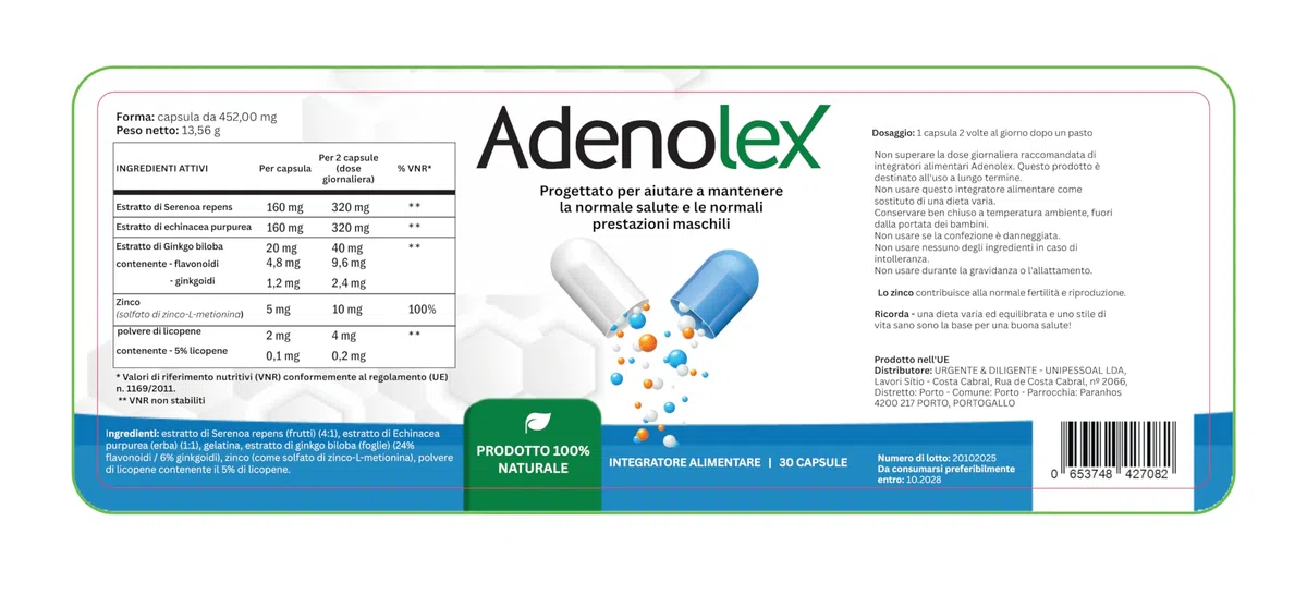 Adenolex 30 Capsules – Integratore alimentare con Serenoa, Echinacea, Ginkgo Biloba, Zinco e Licopene – Supporto quotidiano per vitalità e benessere maschile – Made in EU