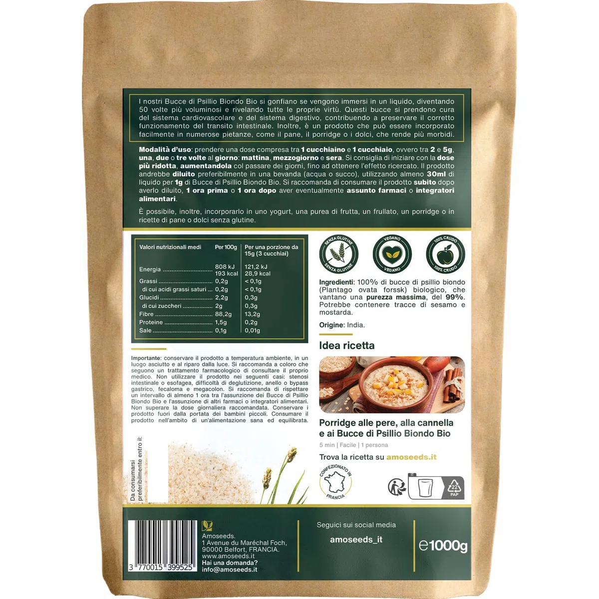 Bucce di Psillio Biondo BIO 1KG | Purezza Massima 99% | Psilio Indiano, Naturale, Puro, Ricco di Fibre | Transito, Digestione, Senza Glutine | Qualità Superiore (1kg)