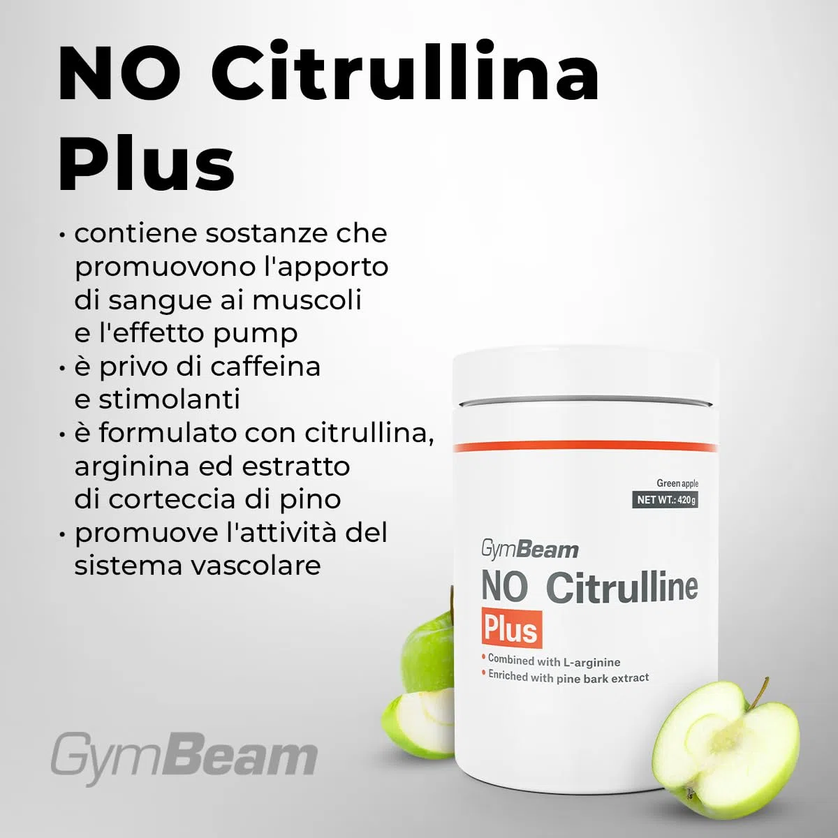 GymBeam NO Citrullina Plus, Integratore Pre-workout Funzionale, Polvere Dissolvibile con Citrullina Malato e Arginina (420 g, Green Apple)