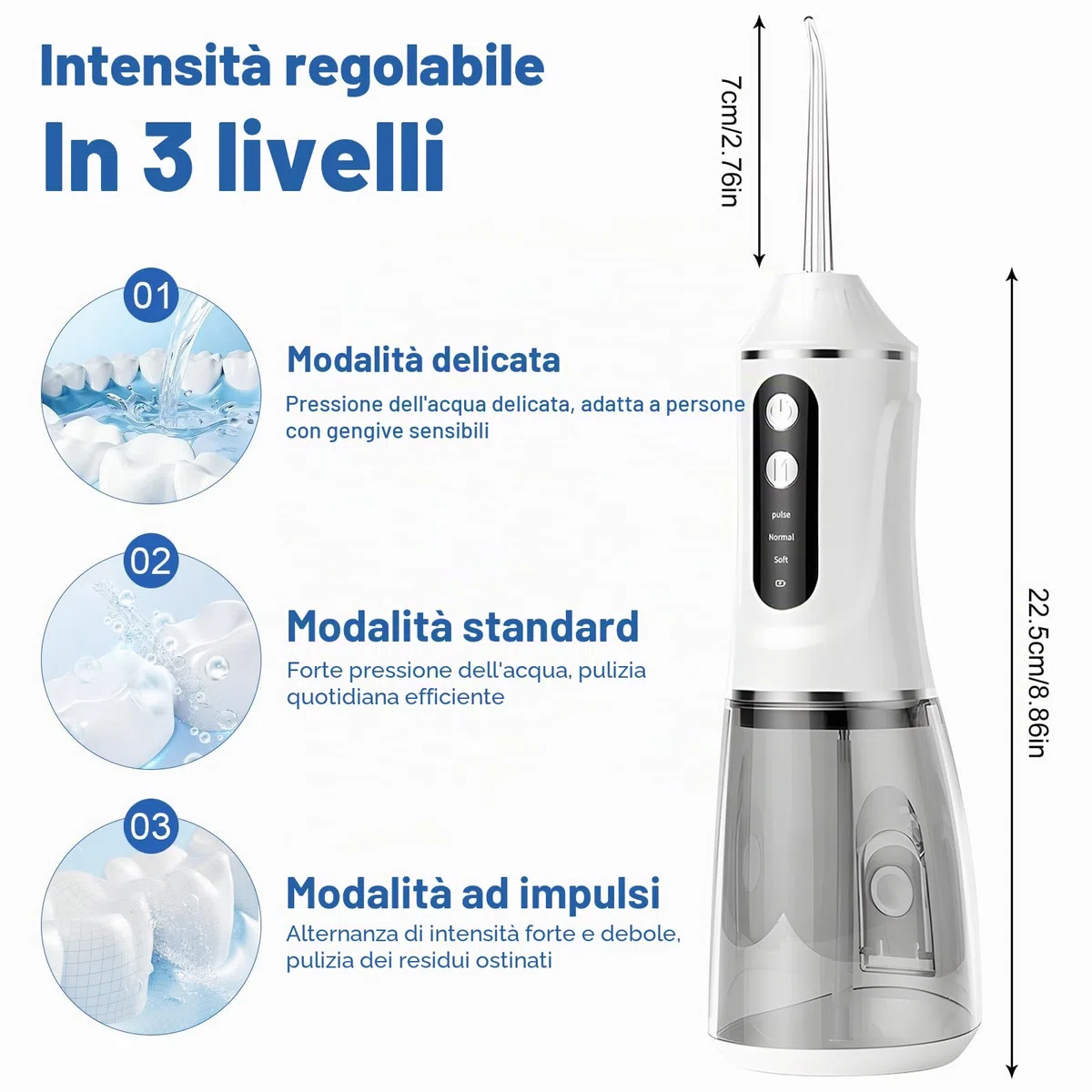Idropulsore Dentale Oral,Irrigatore Orale,Idropulsore Dentale Portatile,Elettrico Oral Water,con 5 Modalità e 6 Beccucci,Serbatoio da 380ml,Impermeabile IPX7,per Uso Domestico e Viaggi(Bianco)
