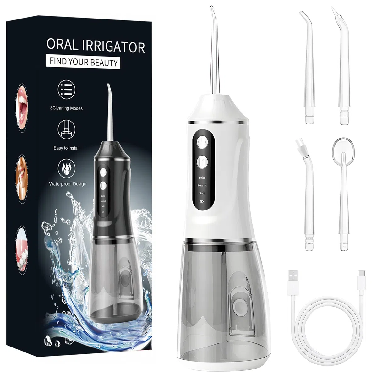 Idropulsore Dentale Oral,Irrigatore Orale,Idropulsore Dentale Portatile,Elettrico Oral Water,con 5 Modalità e 6 Beccucci,Serbatoio da 380ml,Impermeabile IPX7,per Uso Domestico e Viaggi(Bianco)