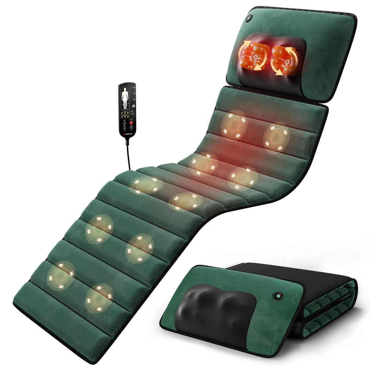 Tappetino massaggiante per tutto il corpo con massaggio Shiatsu e calore | Tappetino massaggiante con 10 motori di vibrazione per schiena e gambe, tappetino relax elettrico per casa e ufficio, verde