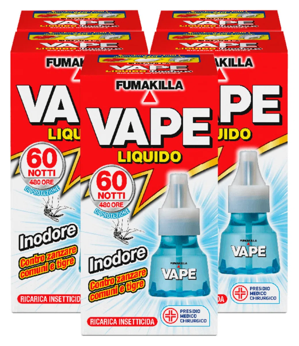 Vape Ricarica Liquida per Diffusore Elettrico Insetticida Zanzare Tigre e Comuni Inodore Antizanzare 480 Ore di Efficacia Presidio Medico Chirurgico - 5 Confezioni