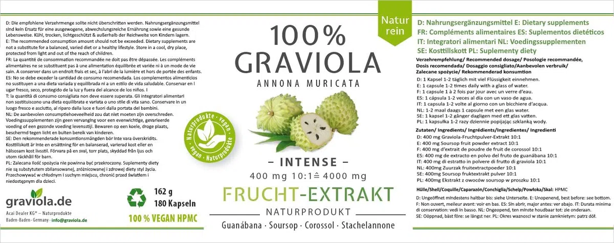 100% ESTRATTO DI FRUTTA DI GRAVIOLA 4000 mg/Senza Pesticidi - 10:1 Ad Alta Concentrazione - 180 Capsule da 400 mg, senza Pesticidi, Additivi, Agenti Antiagglomeranti. Direttamente dal Produttore