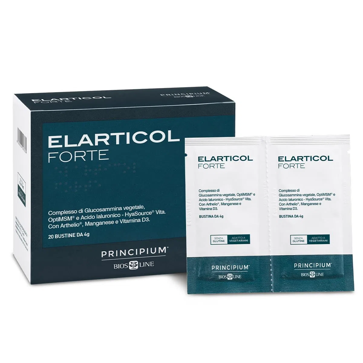 BIOS LINE Principium Elarticol Forte, Integratore Alimentare con Glucosammina, Metilsulfonilmetano e Acido Ialuronico, Benessere delle Articolazioni, 20 bustine | Con Glucosammina, Metilsulfonilmetano, Acido Ialuronico, Benessere delle Articolazioni