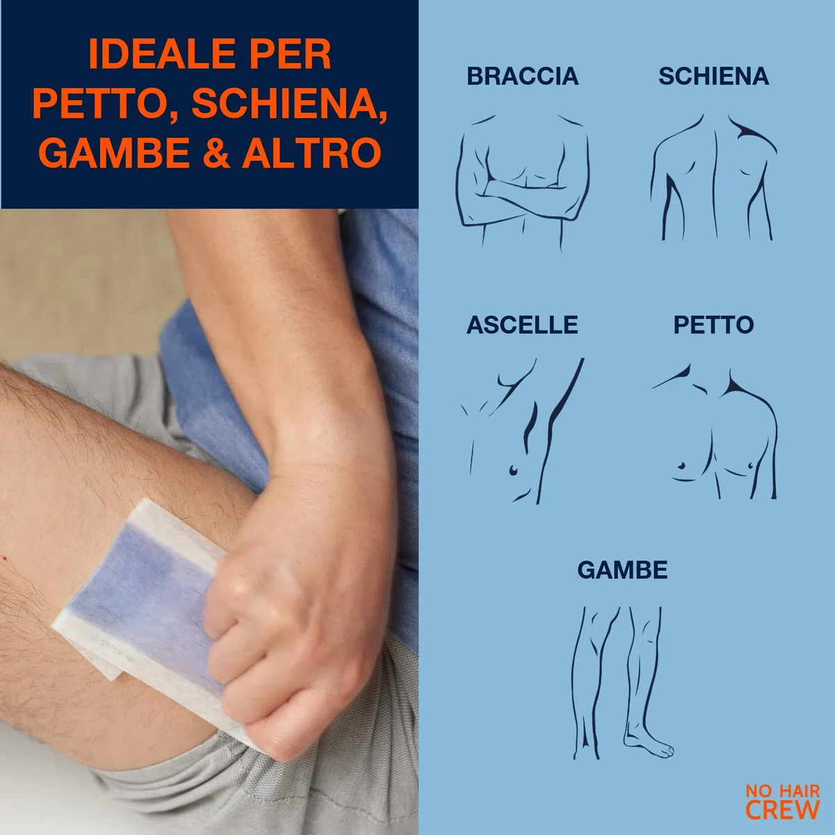 NO HAIR CREW Strisce Depilatorie Corpo Uomo Confezione da 3 (3 x 20 Strisce + Salviette Lenitive) – Depilazione a Lunga Durata
