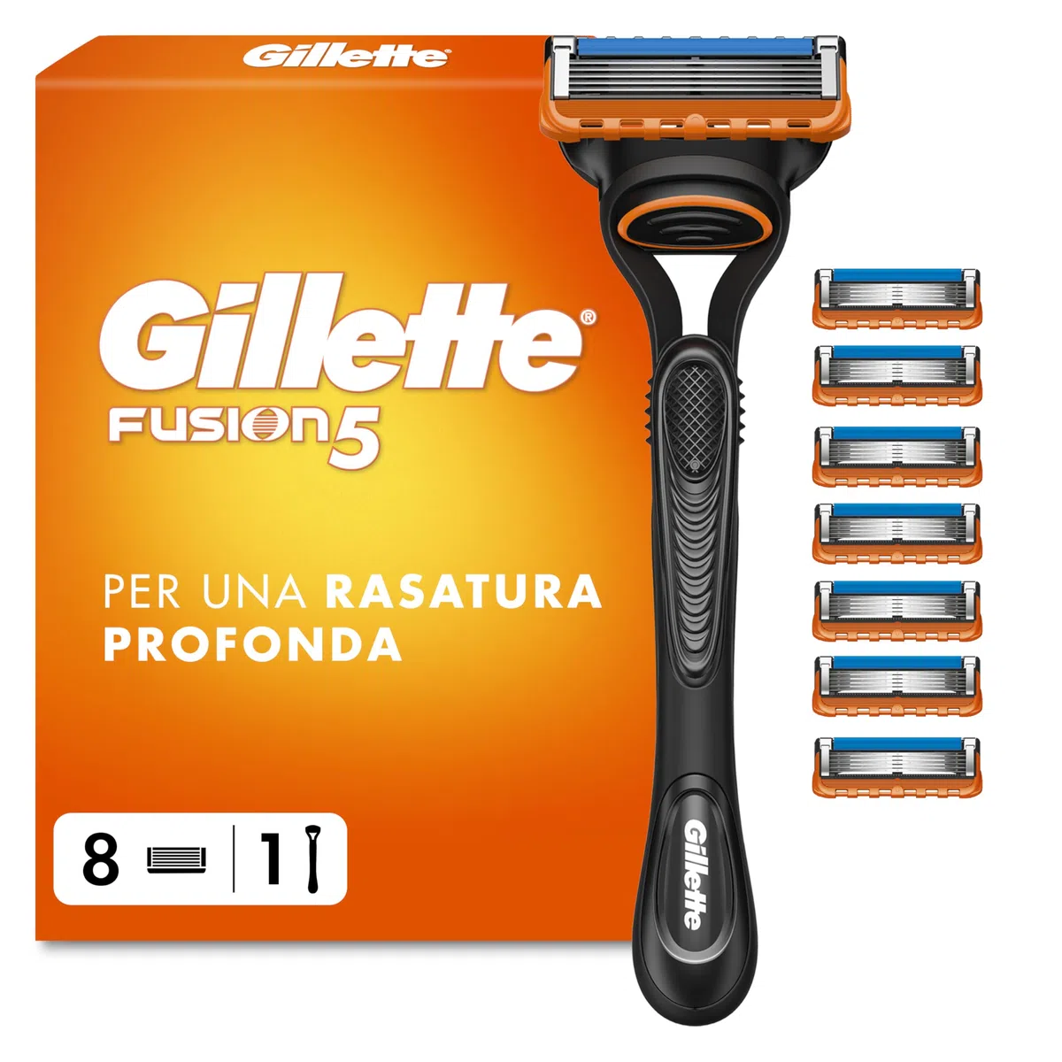 Gillette Rasoio Barba Manuale + 8 Lamette Gillette Fusion 5, LAMETTE DA BARBA Di Ricambio a 5 Lame e Rasoio Manuale Fusion 5, Rasatura Scorrevole con Striscia Lubrificante