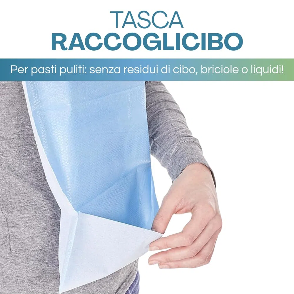 VIRSUS 300 Bavagli monouso impermeabili per Adulti e Anziani, misura 37x68 cm di colore azzurro, in polietilene e cellulosa con colletto anti-strappo rinforzato e tasca raccogli cibo