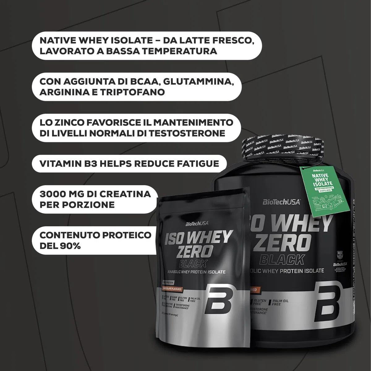 BioTechUSA Iso Whey Zero Black - Proteine con Creatina, Zinco, Vitamina B3 e Aminoacidi | 90% di Proteine | Senza Zucchero, Senza Lattosio, Senza Glutine, 908 g, Cioccolata