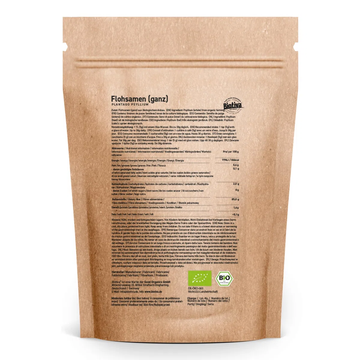 Semi di psillio Bio - 1000g - interi - 1kg - alta qualità: 99% purezza - busta richiudibile - senza lattosio, glutine - vegano - confezionato in Germania