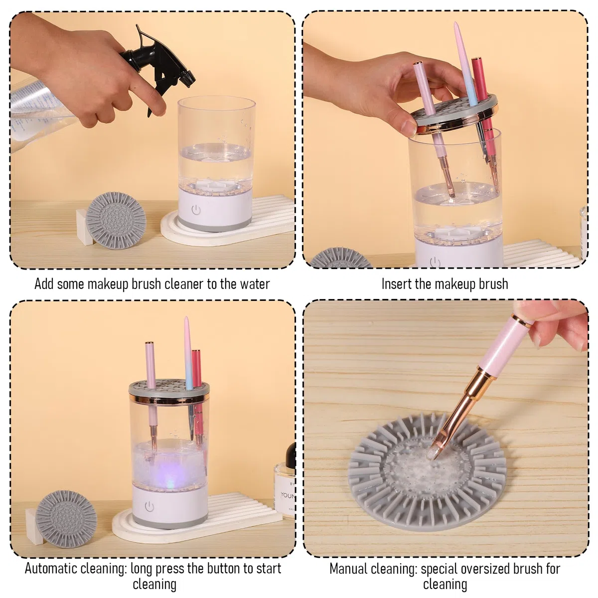 Pulitore Pennelli Trucco Elettrico, Macchina Pulisci Pennelli Cosmetici Bianca con Cavo USB Strumento Lava pennelli Trucco Portatile Rotazione Automatica per Pennelli Trucco Tutte Dimensioni