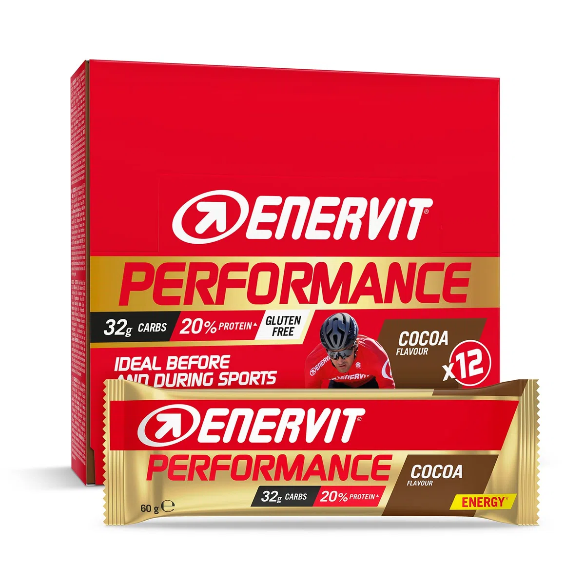 Enervit, Performance Bar Cocoa, Barrette Energetiche, 32g di Carboidrati, 20% di Proteine, Gusto Cacao, Per Attività Sportiva di Lunga Durata ed Endurance, Senza Glutine, 12 Barrette da 60g