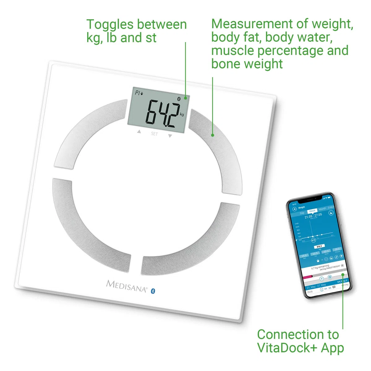 medisana BS 444 connect, bilancia digitale per analisi corporea 180 kg, bilancia personale per la misurazione del grasso corporeo, acqua corporea, massa muscolare e peso osseo con App