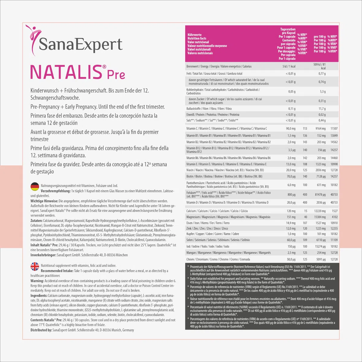 Natalis Pre Pack 3, Integratore Gravidanza Per La Fertilità Precoce Con Acido Folico, Quatrefolic, Ferro E Vitamine Donne, 30 Capsule (ogni confezione) - SanaExpert