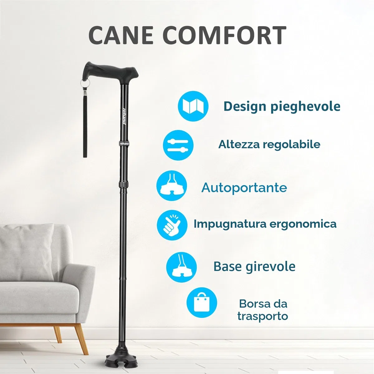 Rehand Bastone da passeggio per uomini e donne, pieghevole, regolabile, leggero, autoportante, con impugnatura morbida, con borsa da viaggio, bastone da passeggio per anziani e adulti