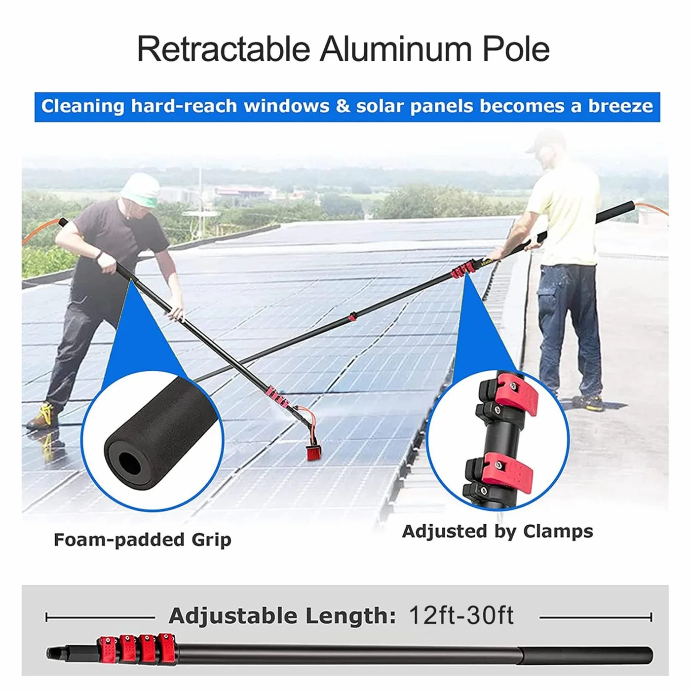 Kit de limpiador de ventanas telescóo con manguera de suministro de agua de 20 m, cepillo exteble para limpieza de techos de invernadero y mantenimiento de ventanas