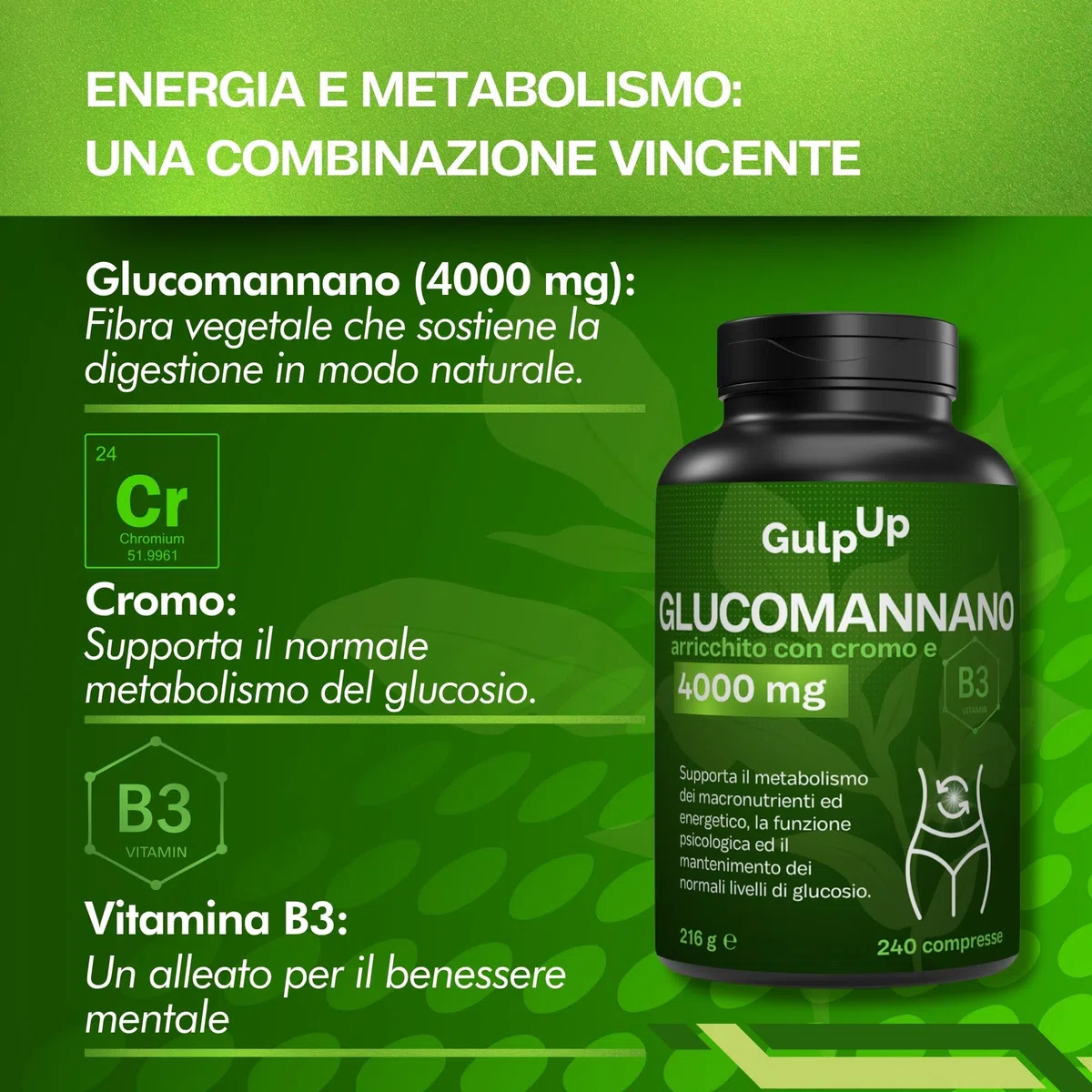 Glucomannano Purificato Forte 4.000MG 240 Compresse - Con Cromo e Vitamina B3 - Integratore Made in Italy - Favorisce il Senso di Sazietà