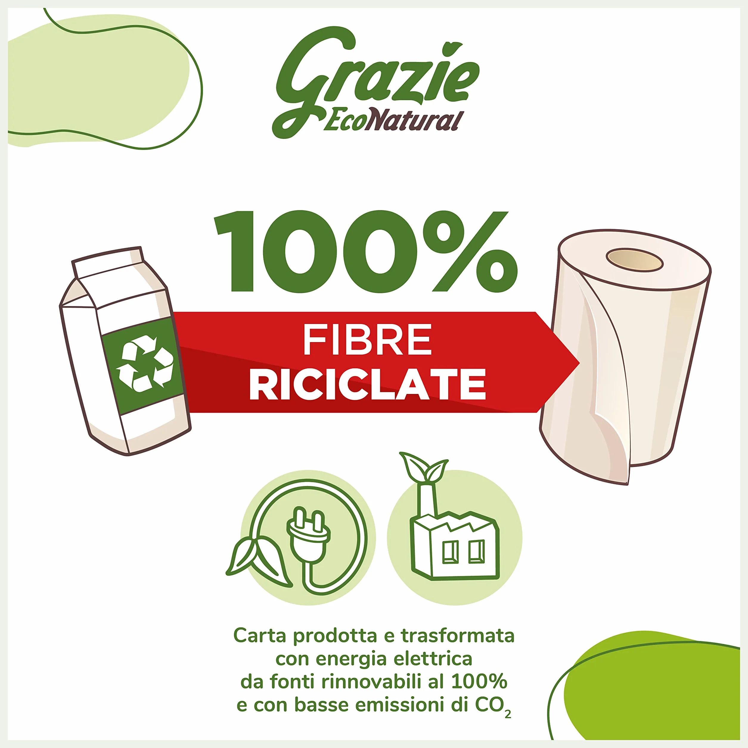 Grazie Natural, Asciugatutto 24 Rotoli, Bobina di Carta Assorbente Realizzata con Carta 100% Riciclata Fiberpack, Certificata Ecolabel e FSC Recycled, Made in Italy