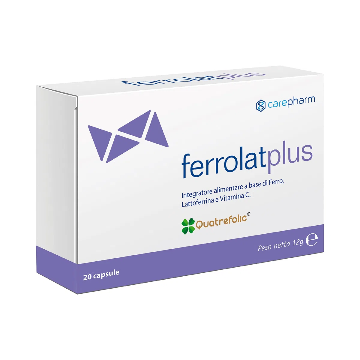 Carepharm, Ferrolat Plus, 20 Capsule di Integratore Alimentare a Base di Ferro, Lattoferrina, Folato e Vitamina C, Contribuiscono alla Normale Funzione del Sistema Immunitario, Senza Glutine, 12 g