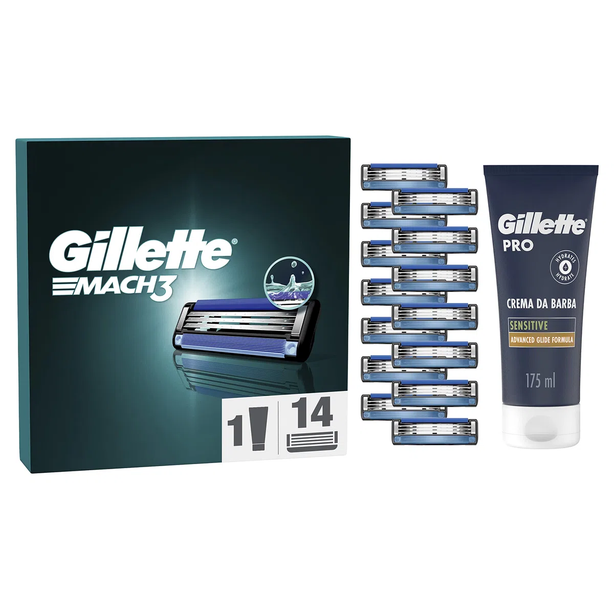 Gillette Mach3 LAMETTE DA BARBA e CREMA BARBA UOMO, 14 RICAMBI (da 3 Lame), Microaletta Protettiva, Ottimo Scorrimento con STRISCIA LUBRIFICANTE, Fino a 15 RASATURE con 1 LAMETTA