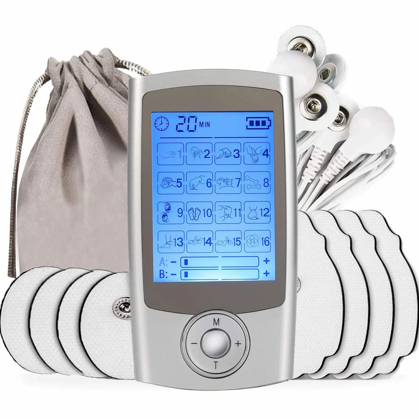 TENS Professionale Elettrostimolatore Muscolare, Dispositivo di EMS ricaricabile con 16 Modalità, per alleviare dolore su schiena, collo, spalle
