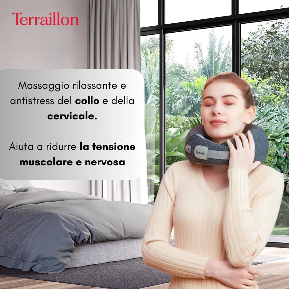 TERRAILLON - NECK MASSAGER, Cuscino massaggio collo e cervicale, rilassante, riduzione della tensione, anti-stress, 3 velocità di massaggio, 2 direzione di rotazione, opzione riscaldante, cinghia