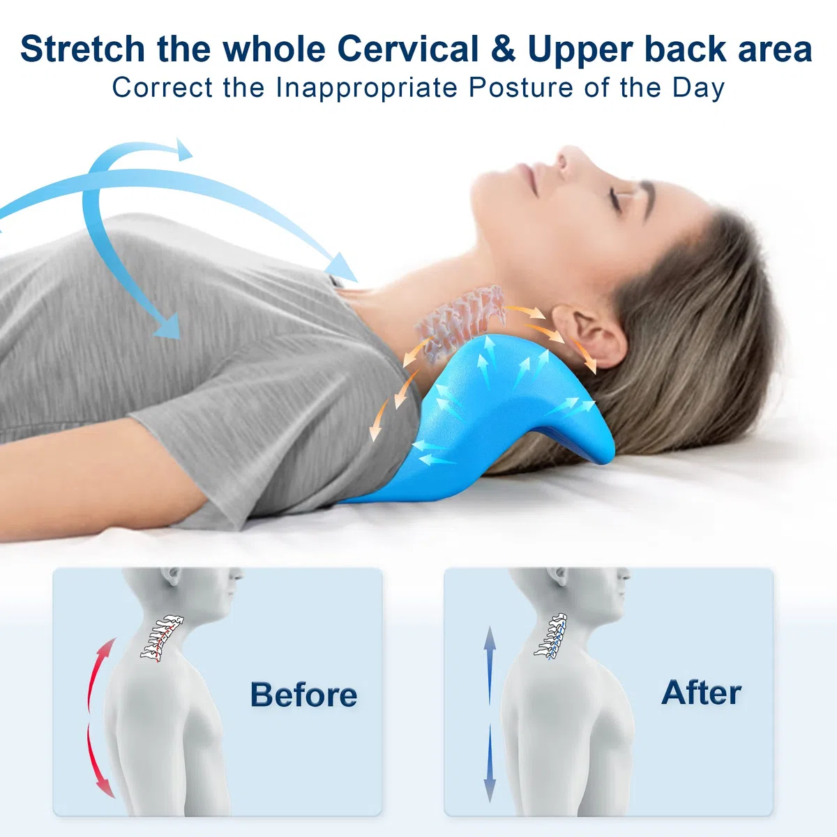 Dispositivo per il rilassamento di collo e spalle, con punto massaggio per la schiena superiore, dispositivo di trazione cervicale, sollievo dal dolore,Il cuscino per allineamento cervicale (blu）