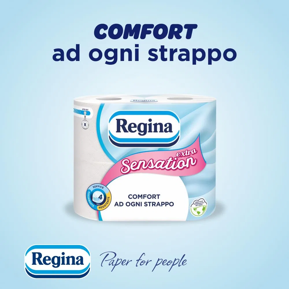 Regina Sensation Extra - 28 Rotoli di Carta Igienica, 170 Soffici Fogli a 4 Veli, Comfort ad Ogni Strappo, Confezione con il 60% di Plastica Riciclata, Carta 100% Certificata FSC