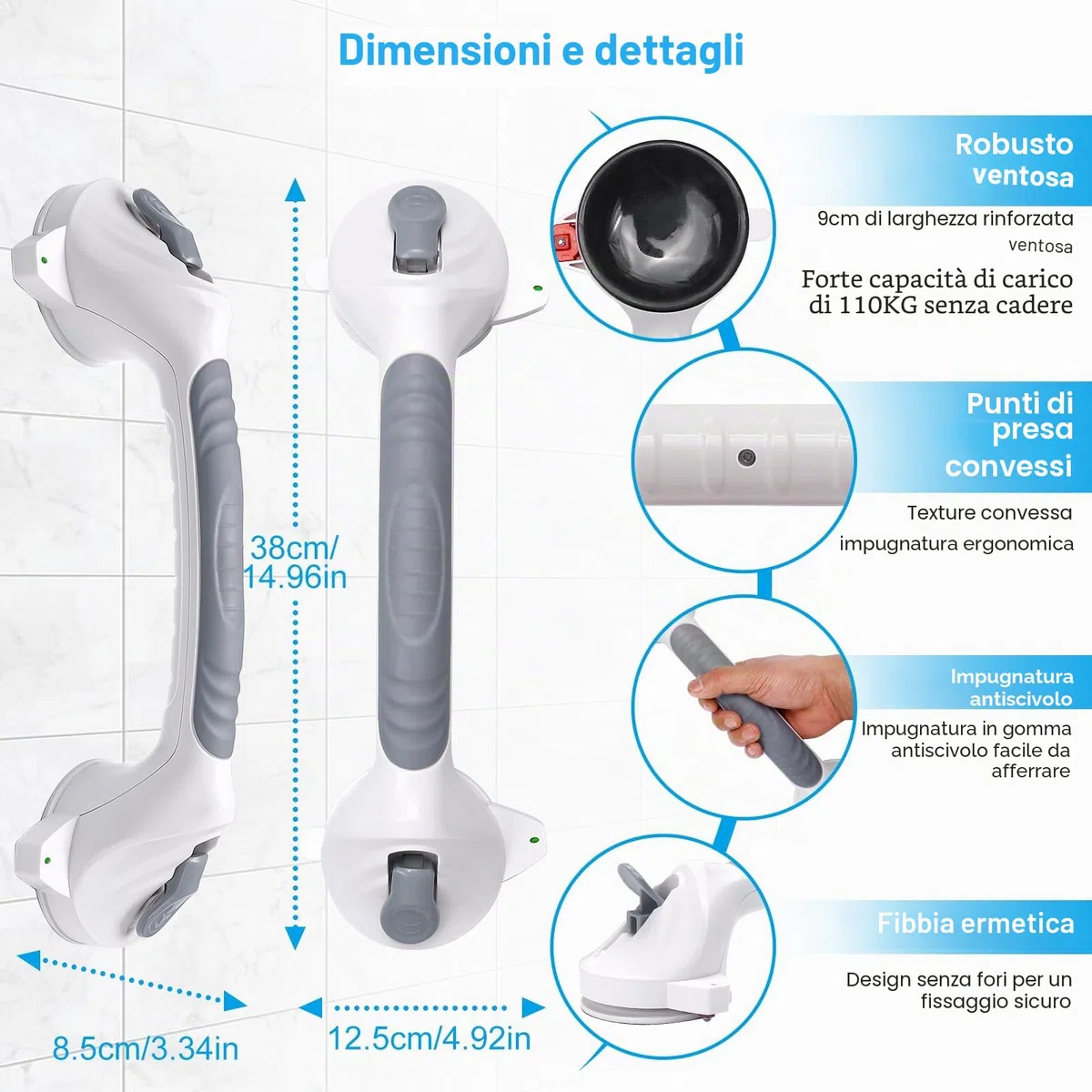 2* maniglie per doccia senza fori, 38 cm, per anziani, con ventosa fino a 110 kg, maniglia per vasca da bagno con allarme di aspirazione, maniglia portatile per doccia scivolo, grigio