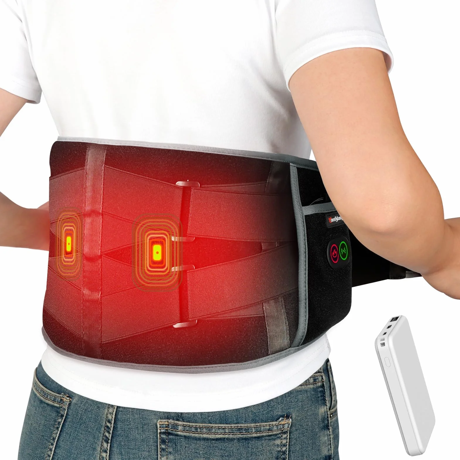 Comfytemp Fascia Lombare Riscaldamento, 3 Livelli di Temperatura, 3 Massaggio a Vibrazione Fascia Riscaldante Lombare, con Spegnimento Automatico, per Schiena Spalle Addome