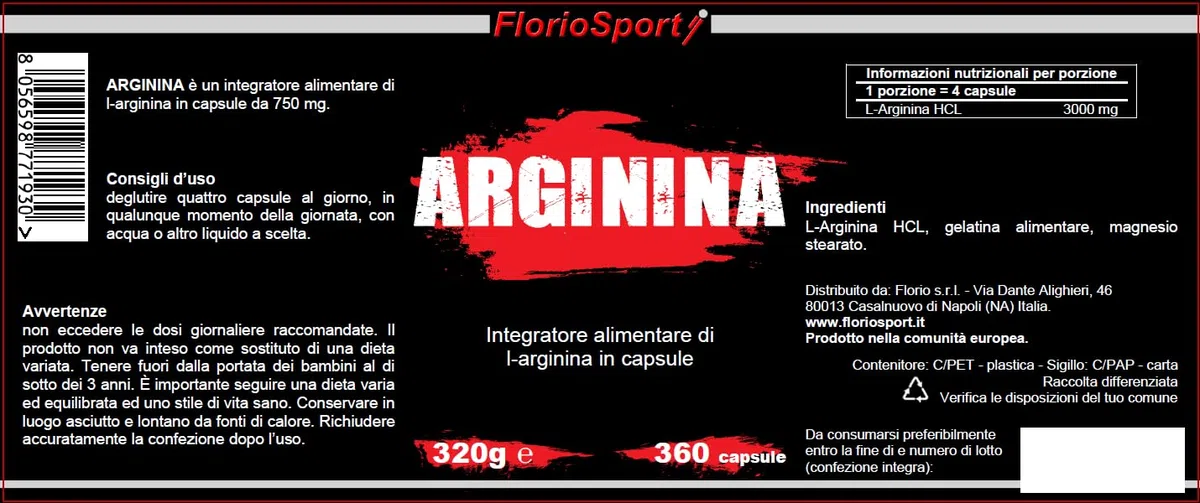 Arginina 360 capsule FlorioSport - Pura L-Arginine HCL ad Alto Dosaggio - Precursore di Ossido Nitrico (NO) che regola la Vasodilatazione e contribuisce alla Sintesi Proteica