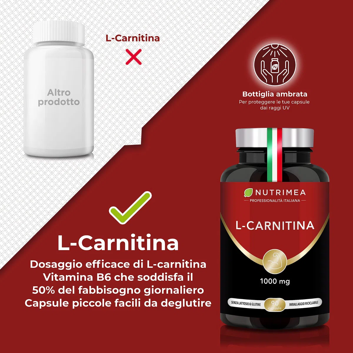L-Carnitina Tartrato | 1000 mg | Trasforma gli Acidi Grassi in Fonte di Energia | Recupero muscolare | Pre-Allenamento | Con vitamina B6 | 90 capsule | Nutrimea